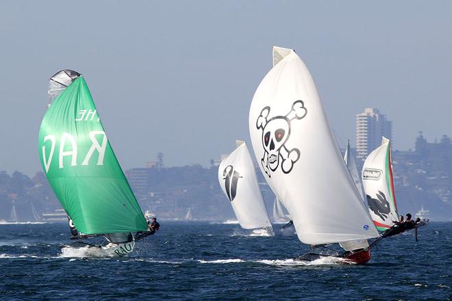 Australian 18ft Skiff League Club Championship 2013 - Coming to the bottom mark on lap one 121 © Frank Quealey /Australian 18 Footers League http://www.18footers.com.au